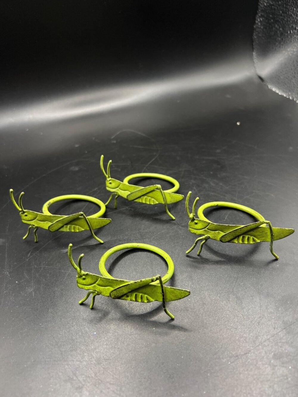 4 Grasshopper Napkin Rings Green Metal Unique Table Decor Rustic Whimsical Set